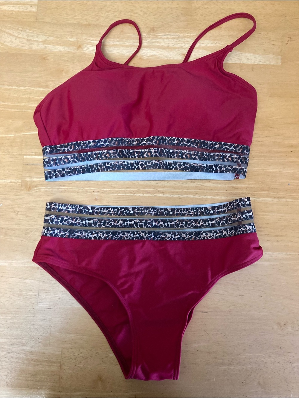 SHEIN Burgundy Two-Piece Bikini with Leopard-Print Band